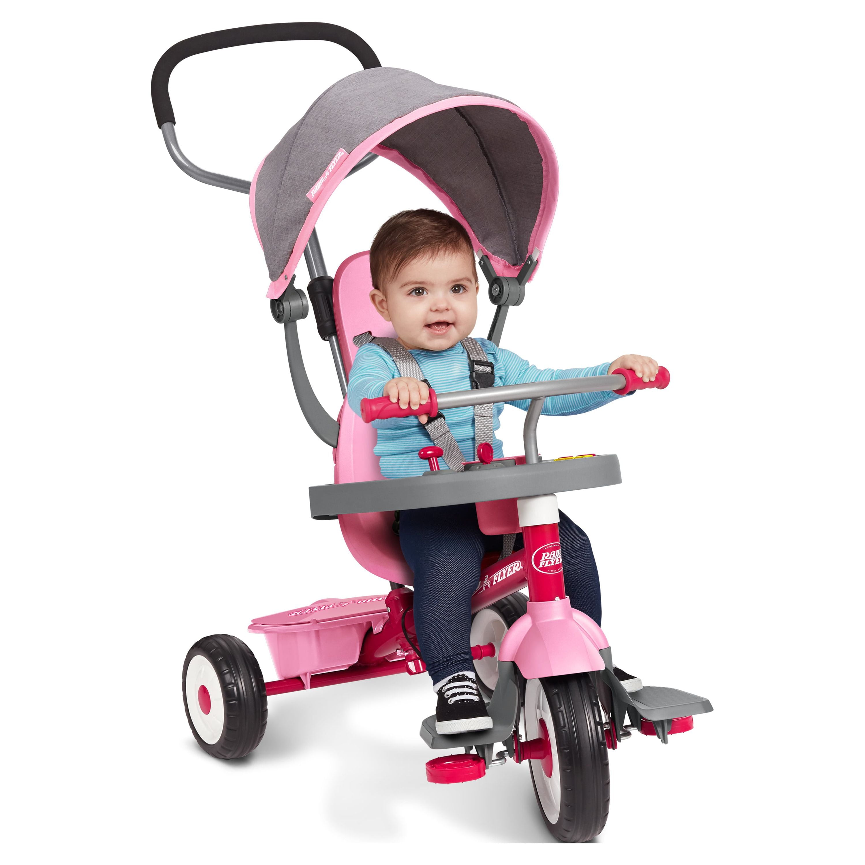 4-in-1 Stroll 'N Trike with Activity Tray, PinkGray, Tricycle for Girls and Boys