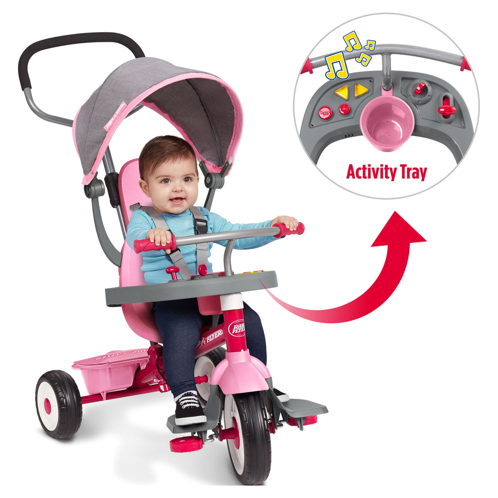 4-in-1 Stroll 'N Trike with Activity Tray, PinkGray, Tricycle for Girls and Boys