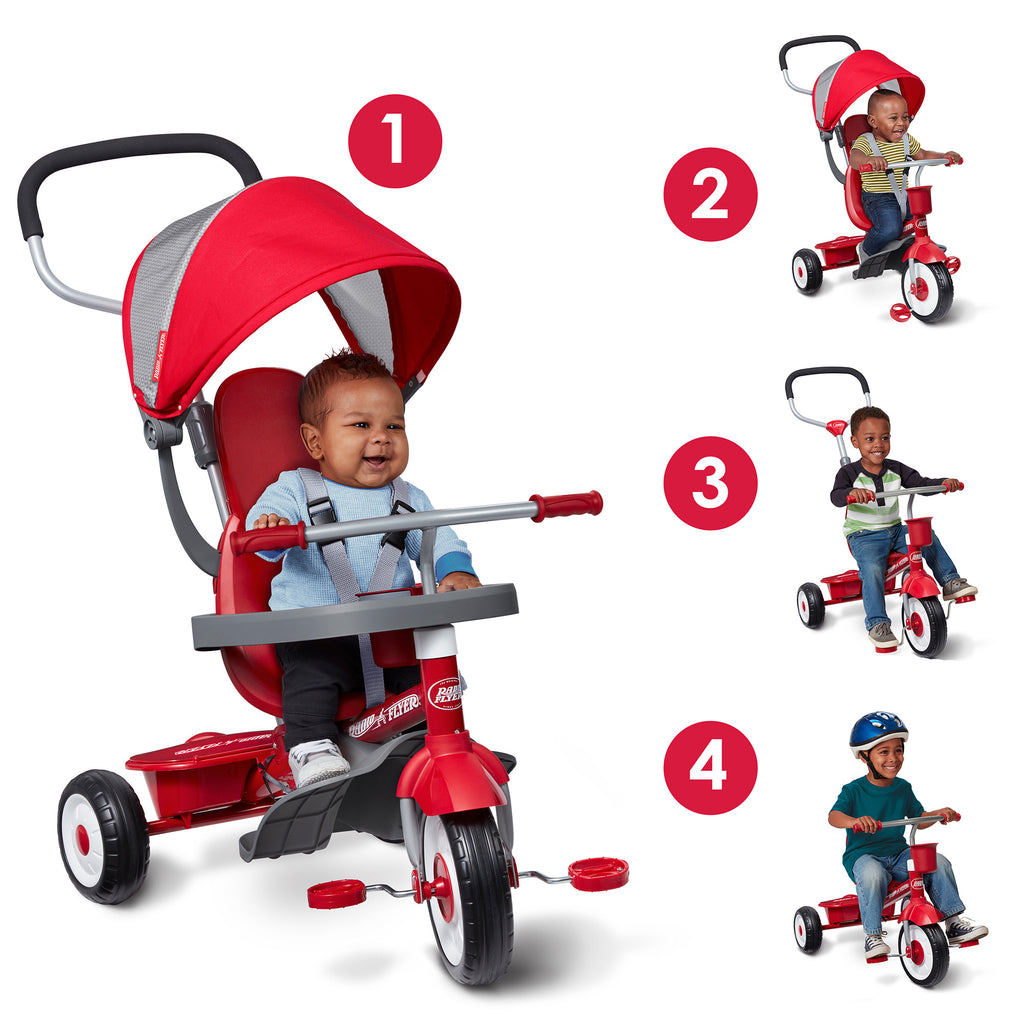 Radio Flyer Stroller Tricycle, EZ Fold 4-in-1 Stroll 'N Trike for Infant & Toddler, Red