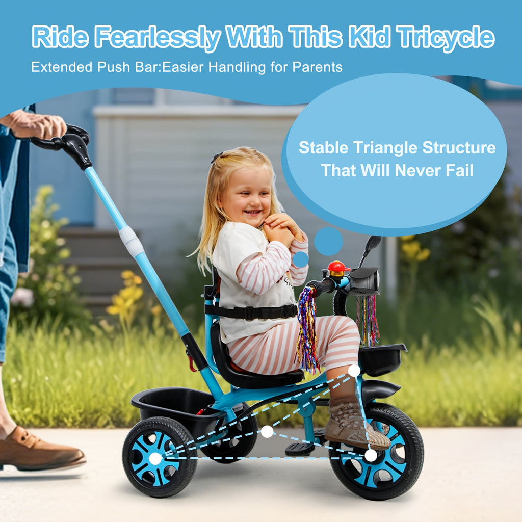 2-5 years old Children's dual-use large rear rack tricycle, height adjustable stroller, thickened and widened frame, essential for boys and girls bike travel, musical lights, suitable for outdoor entertainment and sports, children's day gift