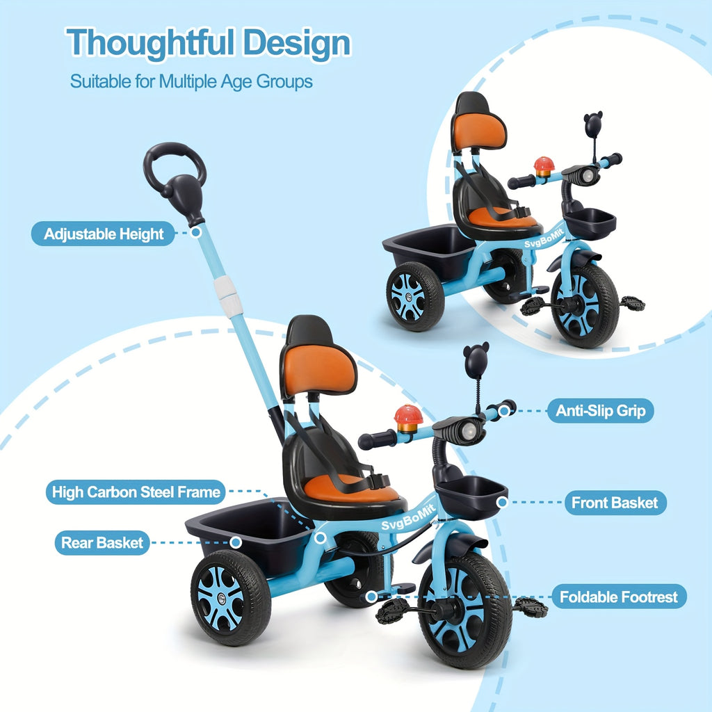 2-5 years old Children's dual-use large rear rack tricycle, height adjustable stroller, thickened and widened frame, essential for boys and girls bike travel, musical lights, suitable for outdoor entertainment and sports, children's day gift