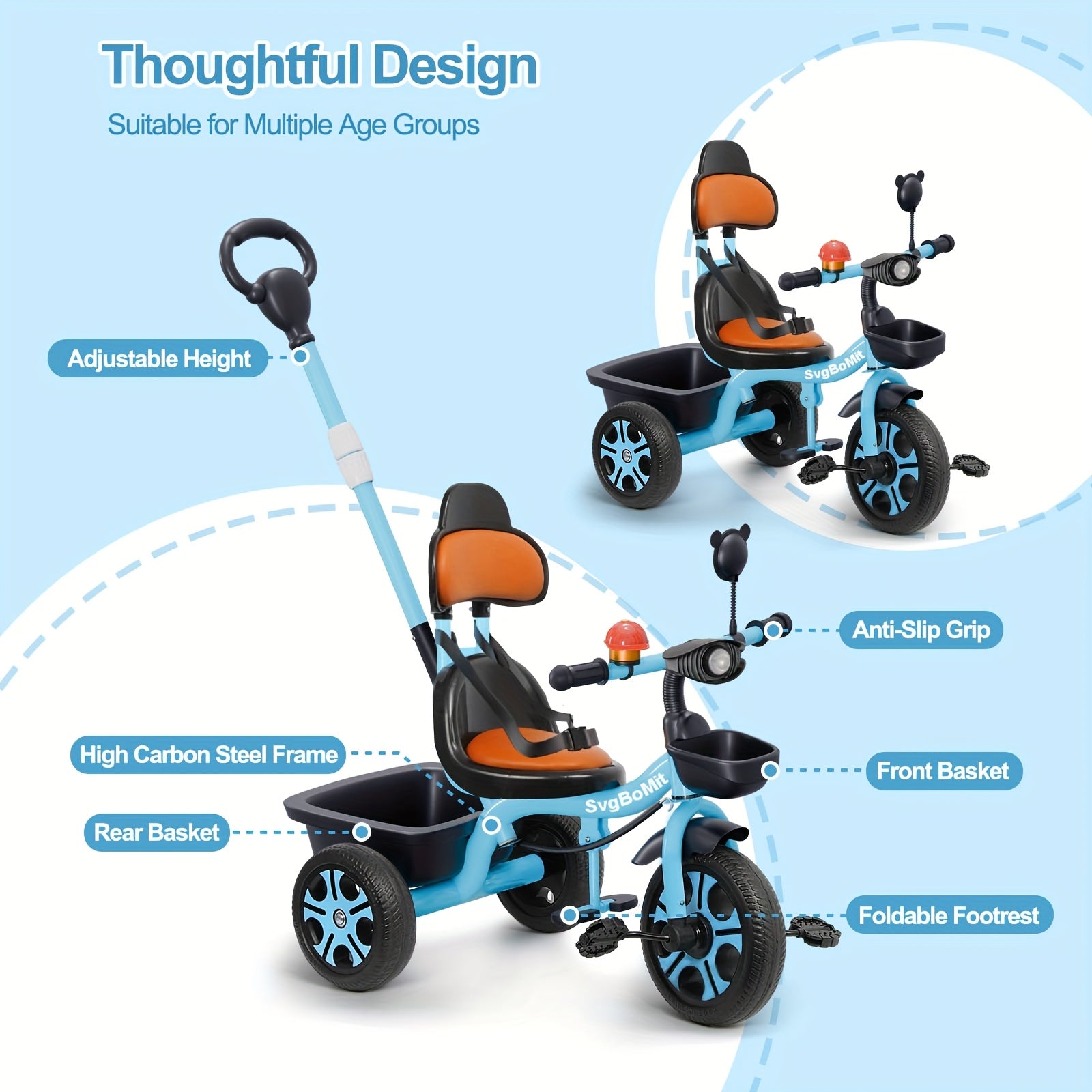 2-5 years old Children's dual-use large rear rack tricycle, height adjustable stroller, thickened and widened frame, essential for boys and girls bike travel, musical lights, suitable for outdoor entertainment and sports, children's day gift