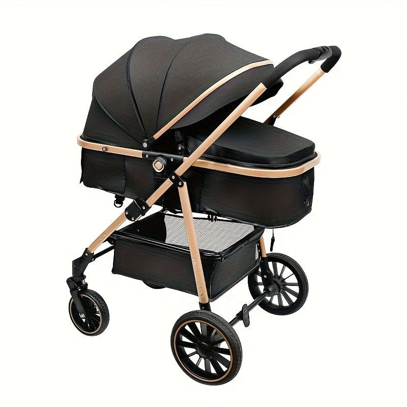 3-in-1 Travel Stroller - Lightweight, Quick Fold, One-Click Operation, Black Design, Non-Slip Wheels, Large Capacity Basket, Portable for Outgoing Parents, Durable Metal Frame, Compact Stroller