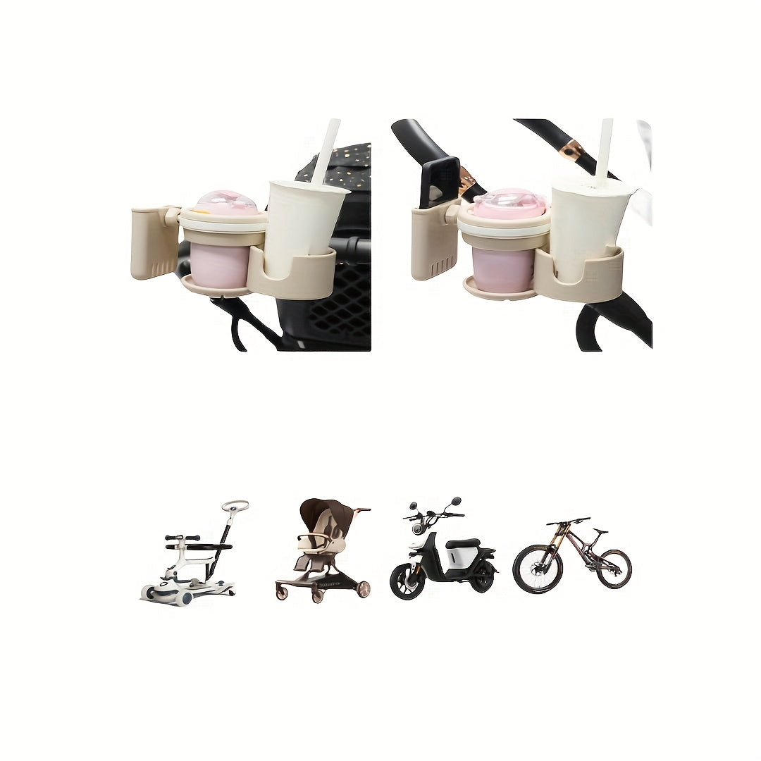 3-in-1 Stroller Cup & Bottle Holder with Phone Holder - Durable PP material, securely attached to the handlebars, perfect for parents travelling, Stroller Cup Holder, cream\u002Fblack