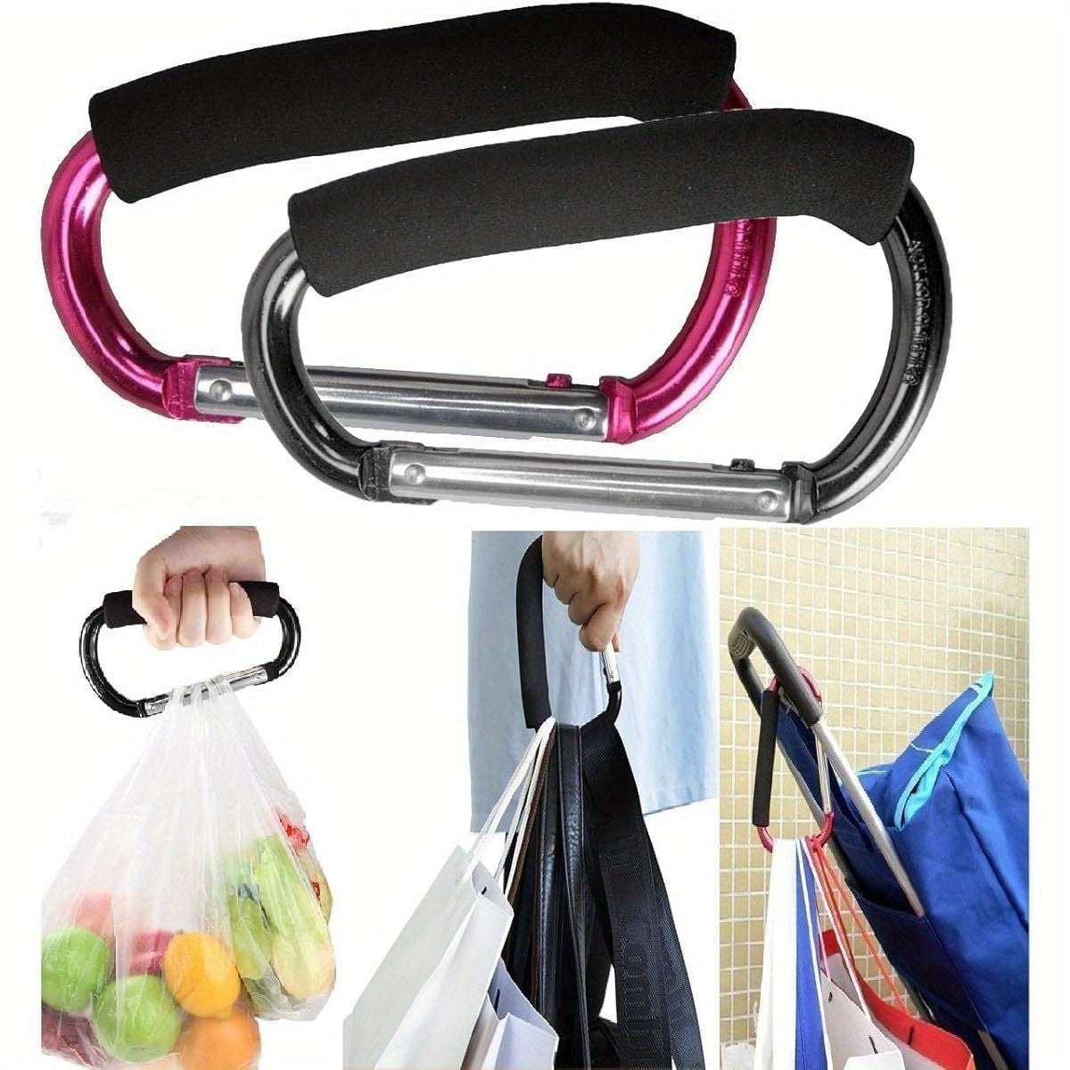 Large Stroller Hooks for Mommy, 2pcs Carabiner Stroller Hook Organizer for Hanging Purses, Diaper Bag, Shopping Bags. Clip Fits Single\u002F Twin Travel Systems, Car Seats ( Black+ Rose)