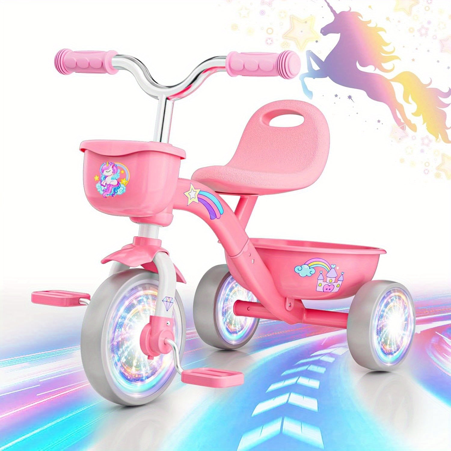 Tricycle for Toddlers 1-3 3-5 Year Olds, Unicorn Toddler Bike Baby Balance Bike with Colorful Lighting Wheels & Large Basket, Birthday Gift and Toy for 1 2 3 4 5 Year Olds Boys and Girls