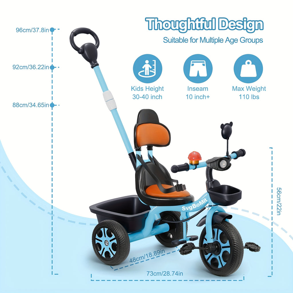 2-5 years old Children's dual-use large rear rack tricycle, height adjustable stroller, thickened and widened frame, essential for boys and girls bike travel, musical lights, suitable for outdoor entertainment and sports, children's day gift