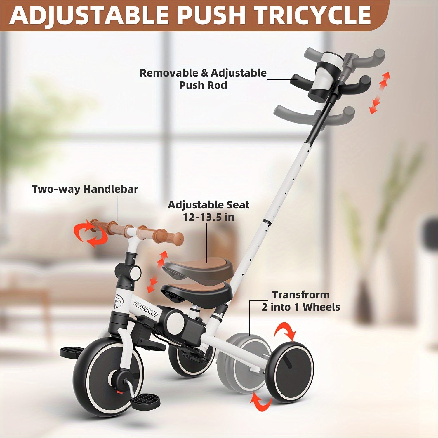 Eaglestone Toddler Tricycle, 5-in-1, Foldable Balance Bike With Push Handle, Cup Holder, Detachable Canopy, Adjustable Push Rod, For Boys And Girls, Birthday Gift