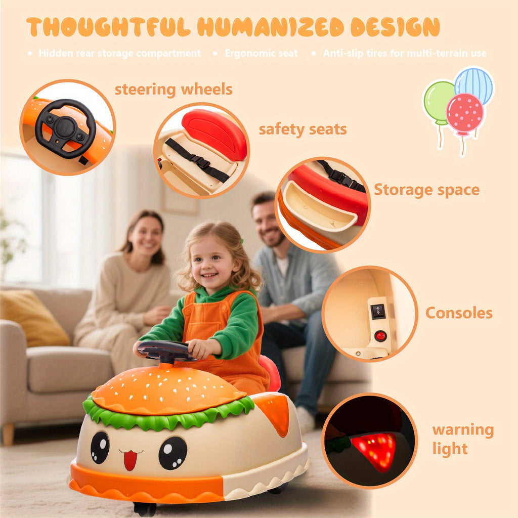 12V Kids Ride On Electric Bumper Car W\u002FParents Control, Cute&Realistic Hamburger Design, 360 Degree Rotation, Storing Space, wireless, Music, USB, Silent wheel, LED Lights, Power Display, Anti-rollover for 2-5