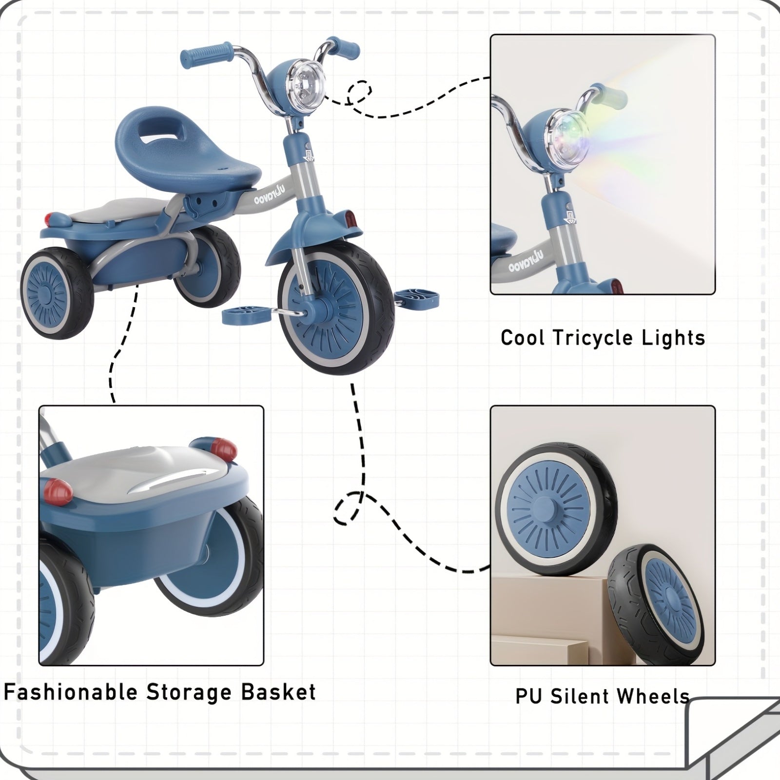 UBRAVOO Baby Tricycle, Foldable Toddler Trike with Pedals, Unique PU Wheels with Elasticity Shock-absorbing Effect, Cool Lights, Baby First Walker Trike for 1-5 Years Old Girls, Boys