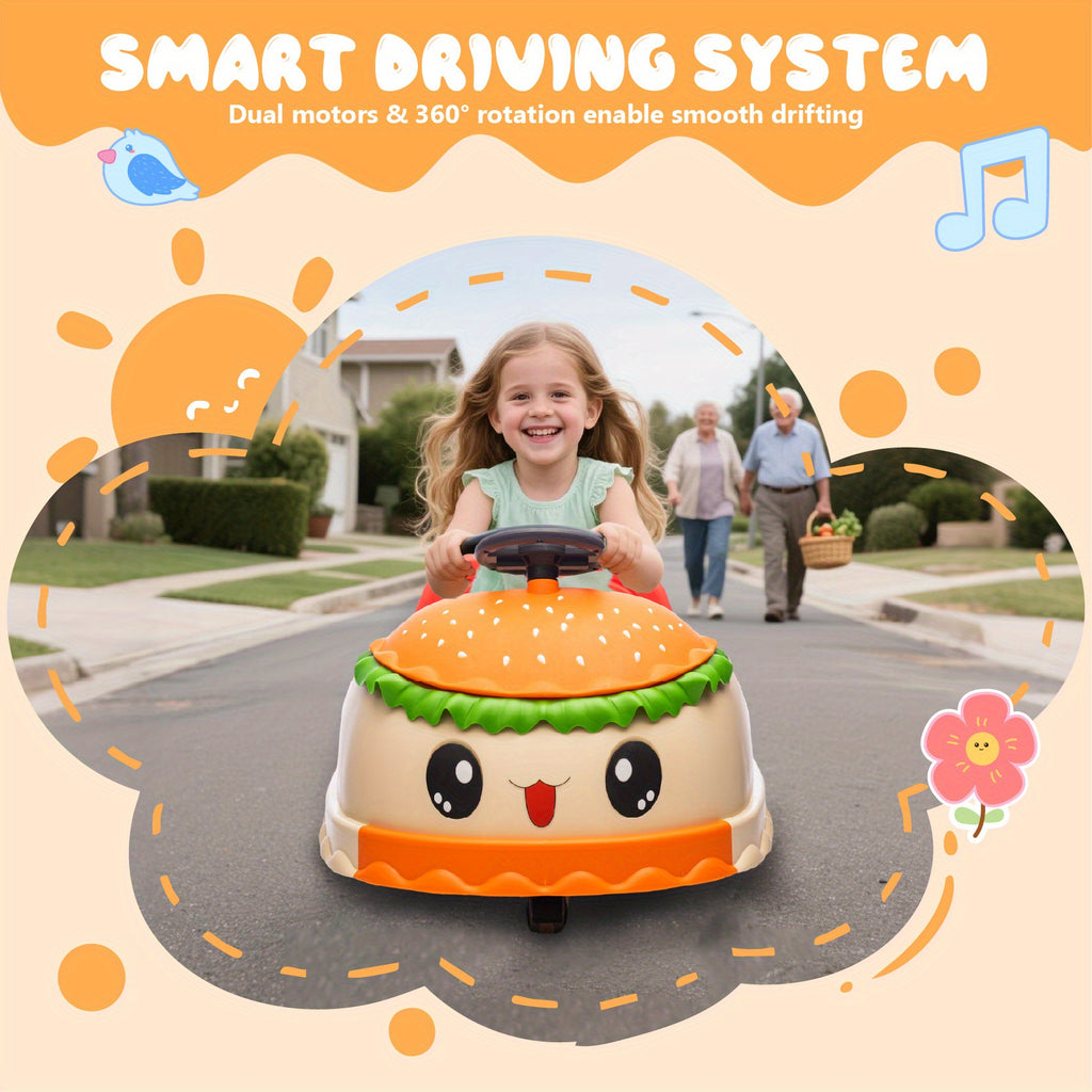 12V Kids Ride On Electric Bumper Car W\u002FParents Control, Cute&Realistic Hamburger Design, 360 Degree Rotation, Storing Space, wireless, Music, USB, Silent wheel, LED Lights, Power Display, Anti-rollover for 2-5