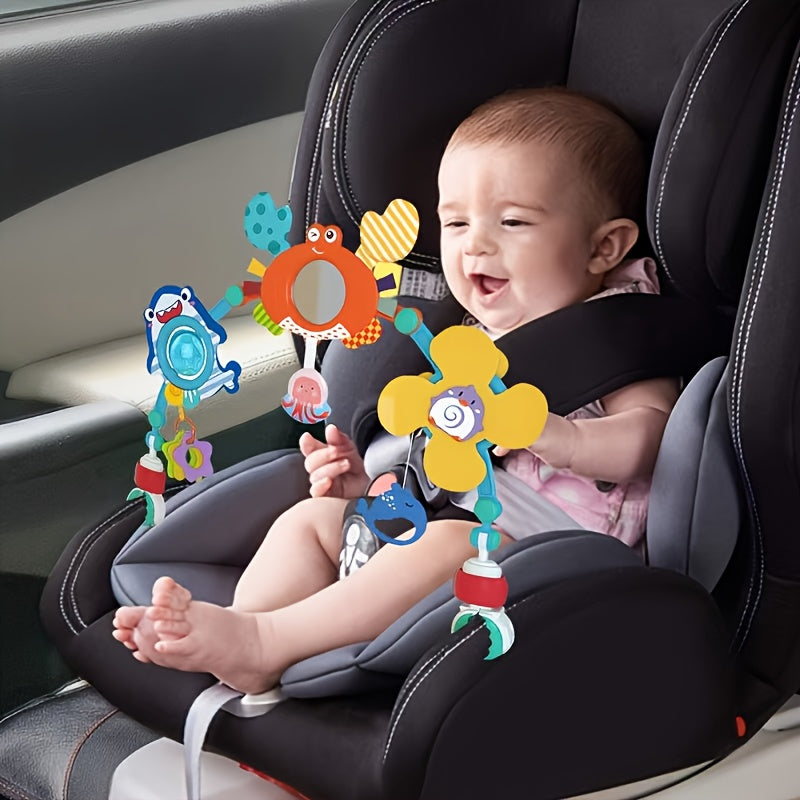 Multifunctional Baby Stroller Pendant Toy with Rotating Bells, Colorful Flowers & Bees - Interactive Sensory Hanging Toy for Car Seat, Bed, Stroller - Soothing Blue\u002FYellow Baby Hanging Toy for Infants & Toddlers
