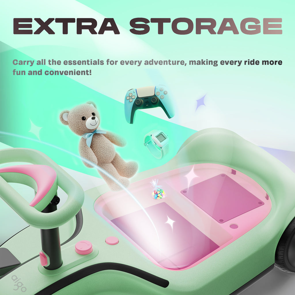 aigo HappyRoll E7 Joyride Electric children's go-kart, features a powerful built-in wireless speaker,Max power 100w, 5Mph, Range at Max Speed 5 Miles, Multifunction Steering Wheel,Ambient & Tail Lights,Ages 3 and up,Load capacity 110 lbs