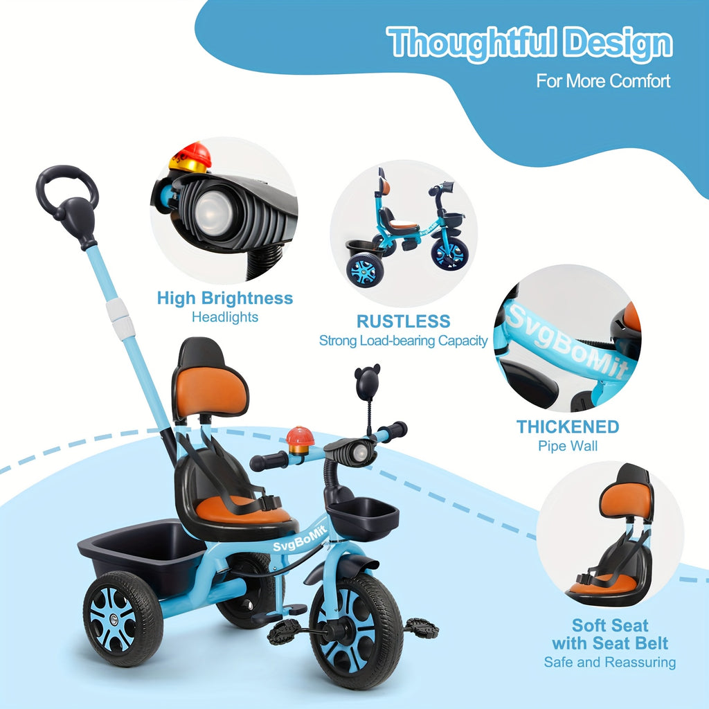 2-5 years old Children's dual-use large rear rack tricycle, height adjustable stroller, thickened and widened frame, essential for boys and girls bike travel, musical lights, suitable for outdoor entertainment and sports, children's day gift