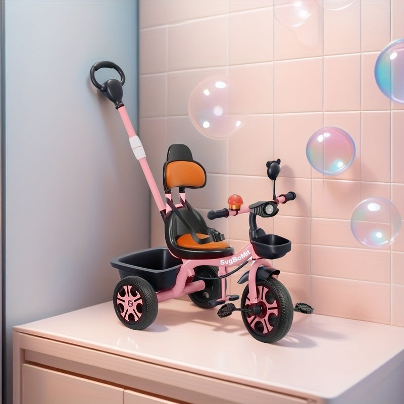 2-5 years old Children's dual-use large rear rack tricycle, height adjustable stroller, thickened and widened frame, essential for boys and girls bike travel, musical lights, suitable for outdoor entertainment and sports, children's day gift