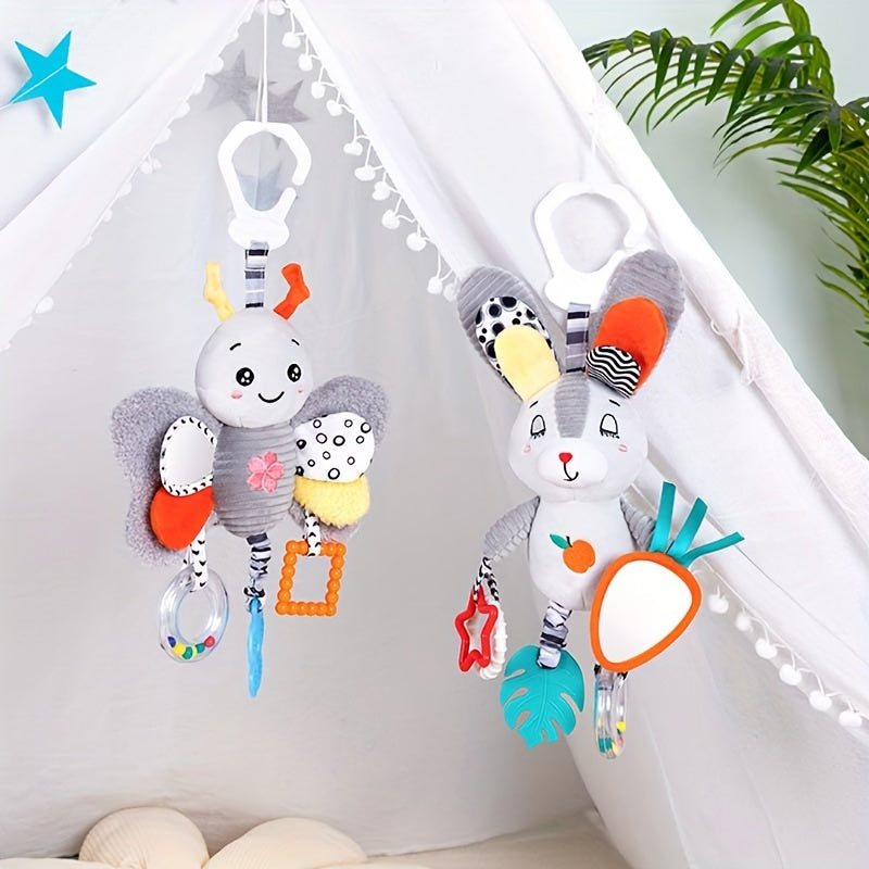 Baby Stroller & Bed Hanging Toys - Black & White Plush with Colorful Patterns, Soft Squeaky Teething Toys for 0-3 Years, Car Seat & Stroller Accessories, No Batteries Needed