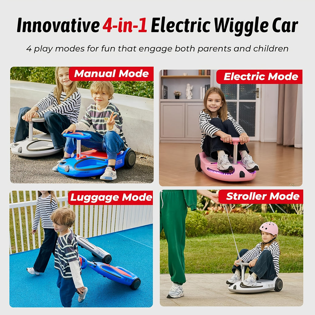 Electric Wiggle Car, 4in 1 Wiggle Car Ride On Toy, Lithium Rechargeable Battery, 3 Speed Modes, Rollover And Easy Assembly, 100+ Lights Modes, Wireless, Wiggle Car for Ages 3+, The Best Birthday And Holiday Gift for Children