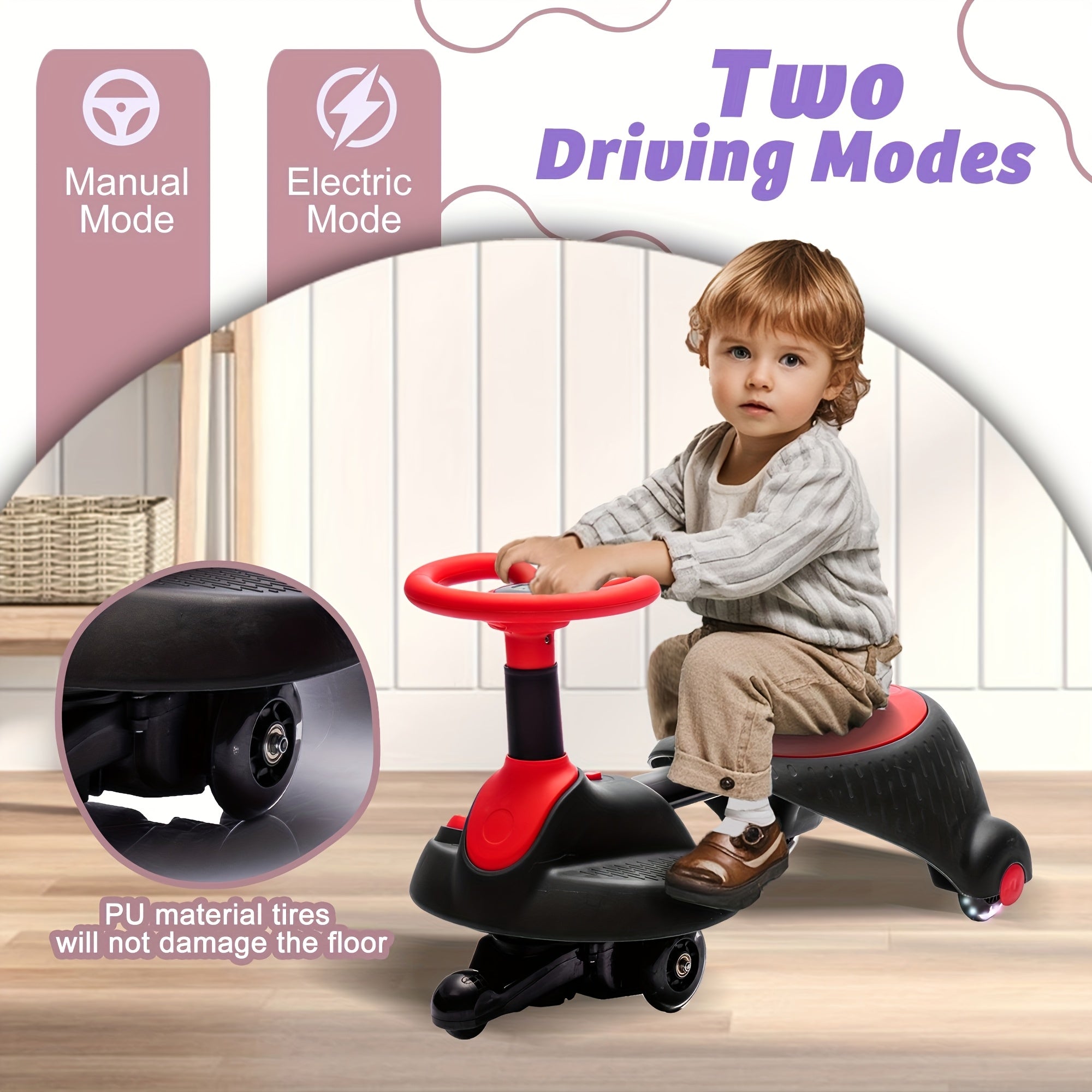 6V Electric Wiggle Car with Pedal, Flashing Shock-Absorbing PU Wheels, 2-Speed Ride-On Toy, Anti-Rollover, USB Charging - Red & Black, Ideal for Youngsters Ages 3+, Car Toys for Travel for Youngsters