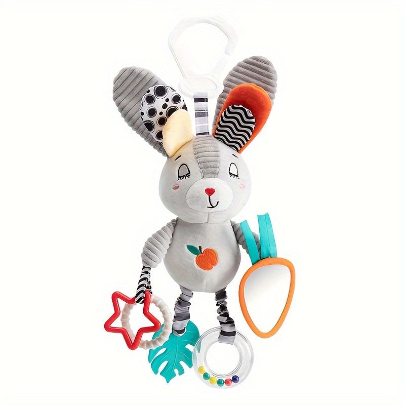 Baby Stroller & Bed Hanging Toys - Black & White Plush with Colorful Patterns, Soft Squeaky Teething Toys for 0-3 Years, Car Seat & Stroller Accessories, No Batteries Needed