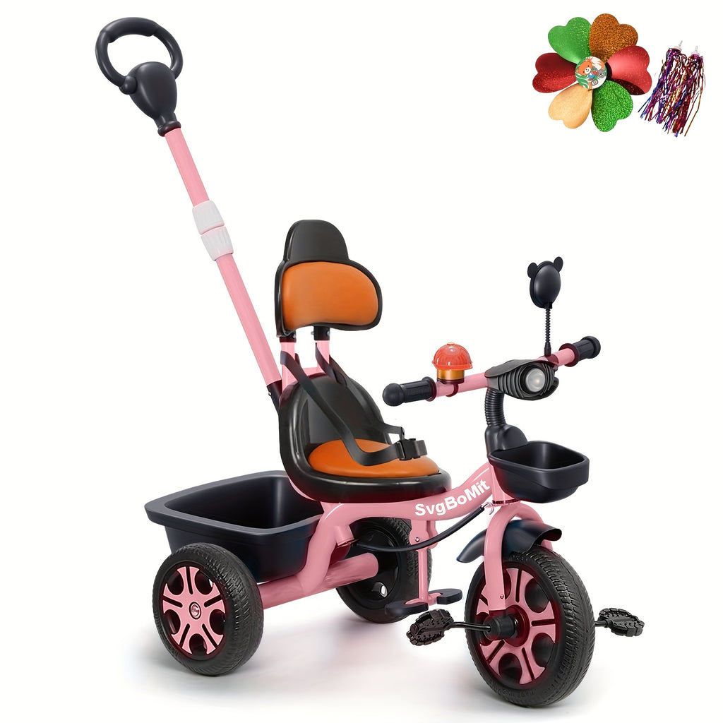 2-5 years old Children's dual-use large rear rack tricycle, height adjustable stroller, thickened and widened frame, essential for boys and girls bike travel, musical lights, suitable for outdoor entertainment and sports, children's day gift