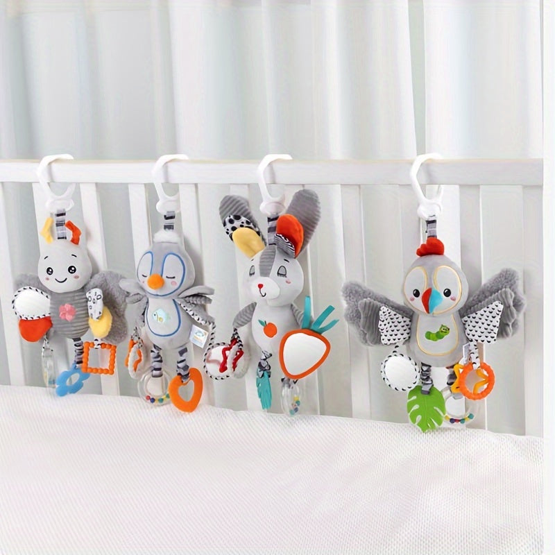 Baby Stroller & Bed Hanging Toys - Black & White Plush with Colorful Patterns, Soft Squeaky Teething Toys for 0-3 Years, Car Seat & Stroller Accessories, No Batteries Needed