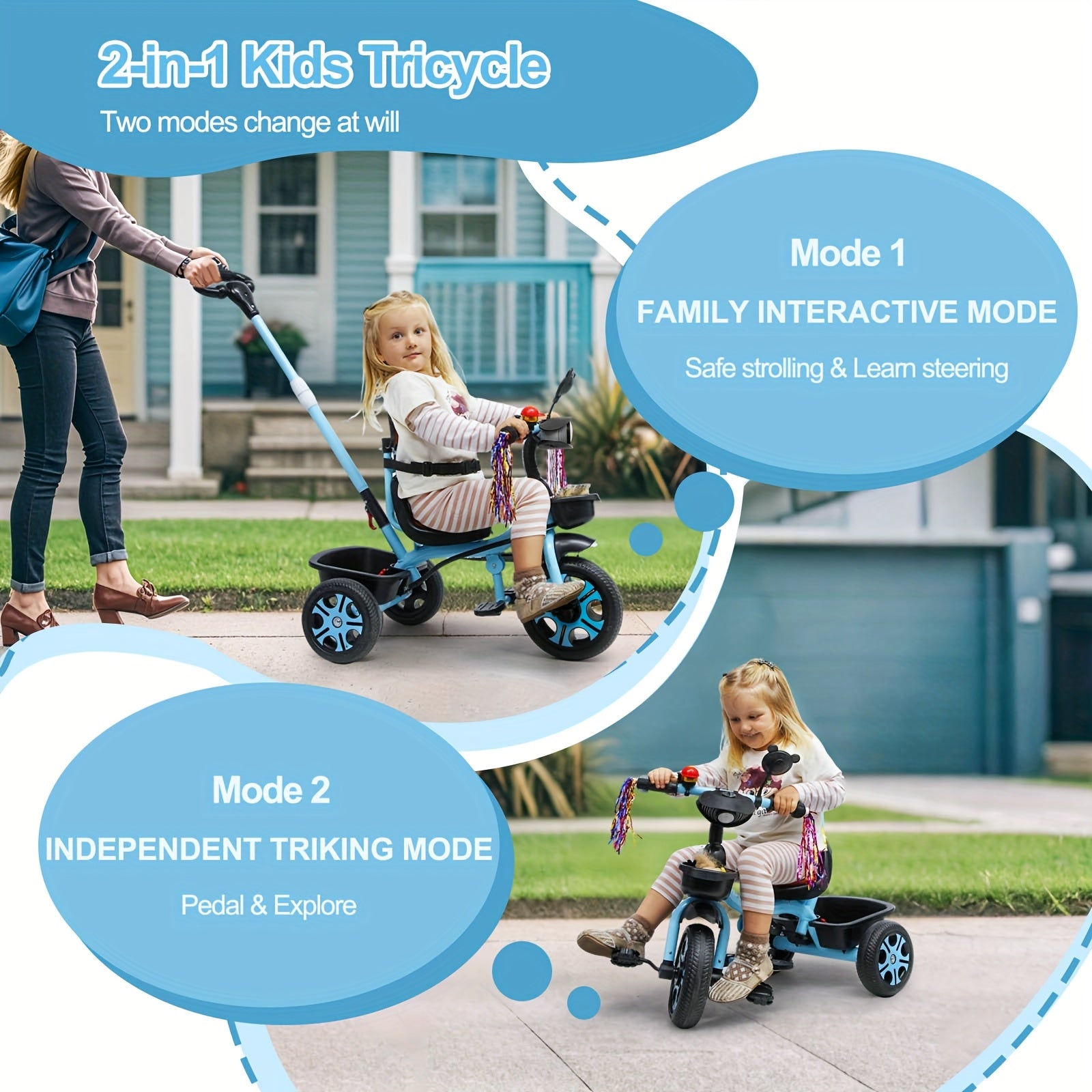 2-5 years old Children's dual-use large rear rack tricycle, height adjustable stroller, thickened and widened frame, essential for boys and girls bike travel, musical lights, suitable for outdoor entertainment and sports, children's day gift