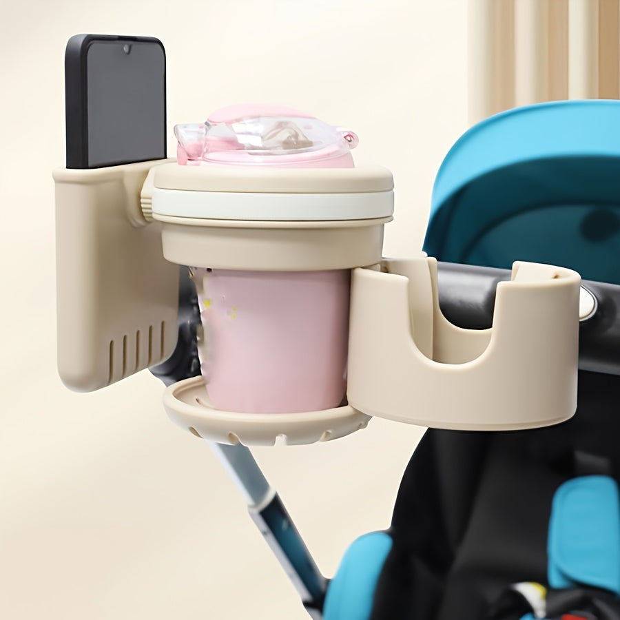 3-in-1 Stroller Cup & Bottle Holder with Phone Holder - Durable PP material, securely attached to the handlebars, perfect for parents travelling, Stroller Cup Holder, cream\u002Fblack