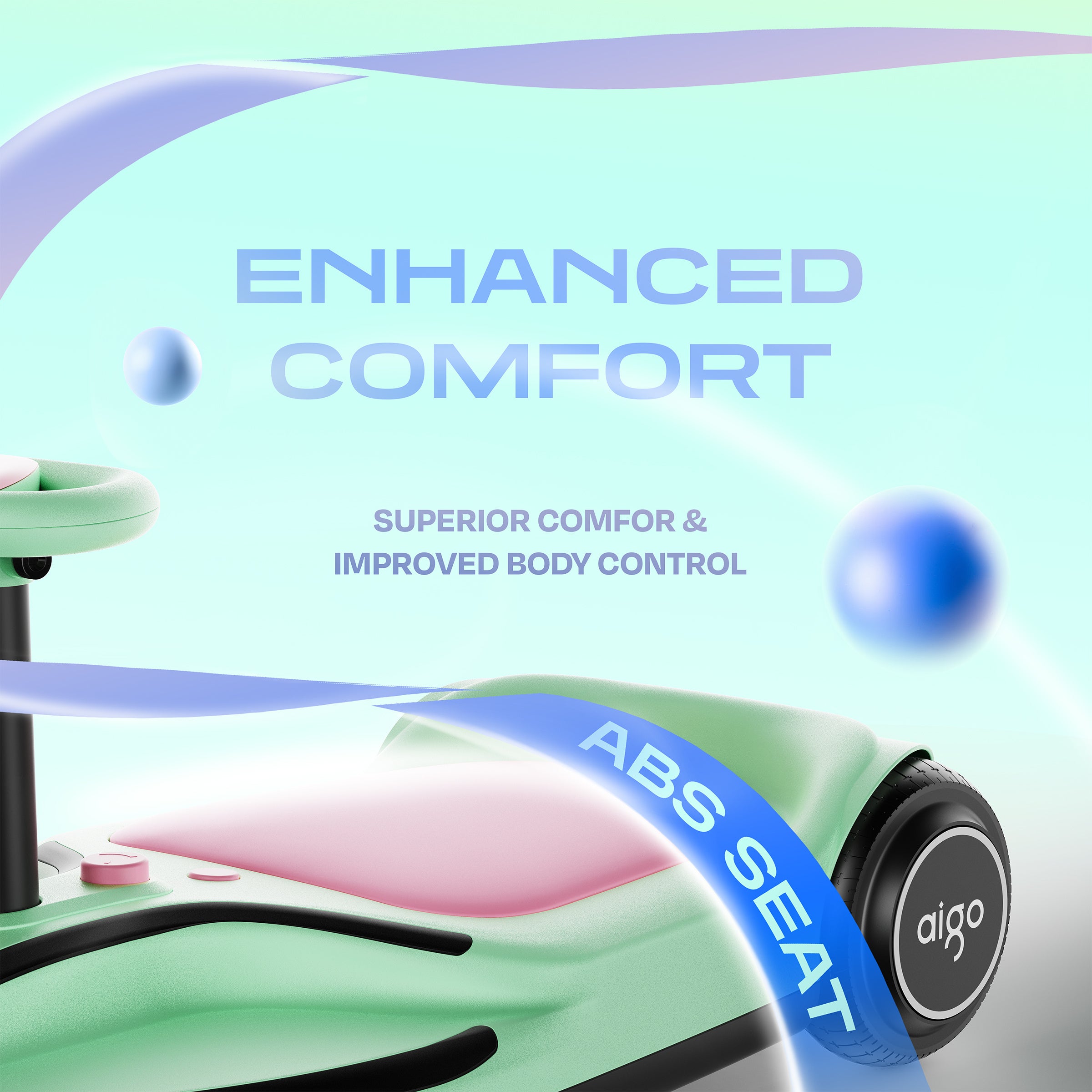 aigo HappyRoll E7 Joyride Electric children's go-kart, features a powerful built-in wireless speaker,Max power 100w, 5Mph, Range at Max Speed 5 Miles, Multifunction Steering Wheel,Ambient & Tail Lights,Ages 3 and up,Load capacity 110 lbs