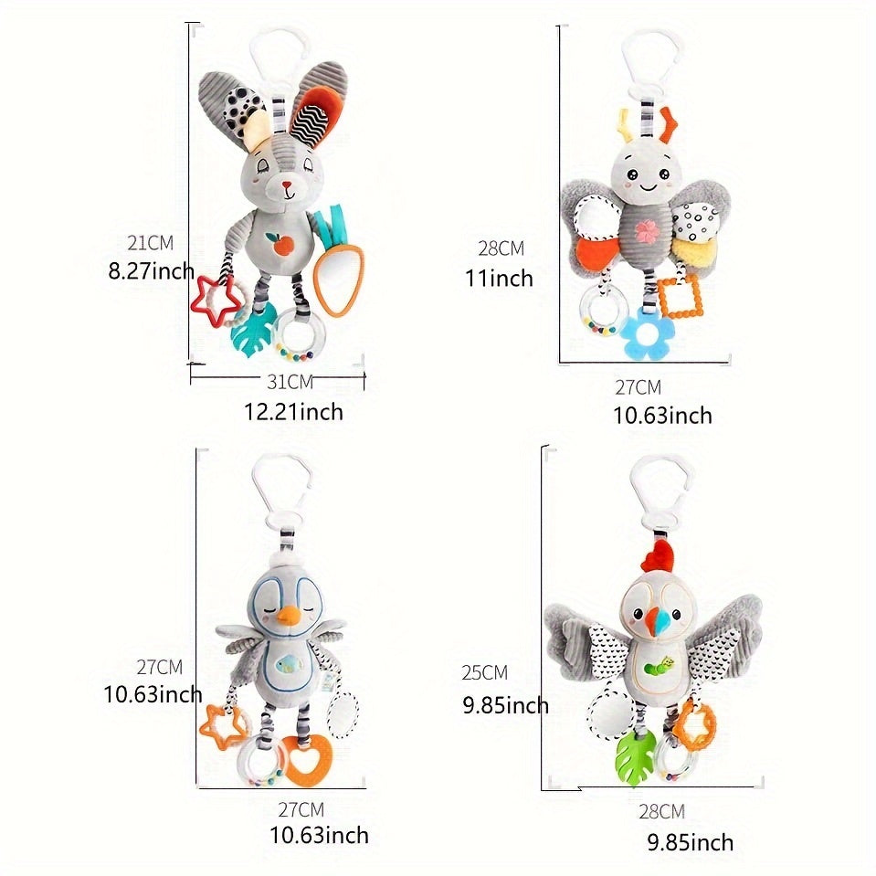 Baby Stroller & Bed Hanging Toys - Black & White Plush with Colorful Patterns, Soft Squeaky Teething Toys for 0-3 Years, Car Seat & Stroller Accessories, No Batteries Needed