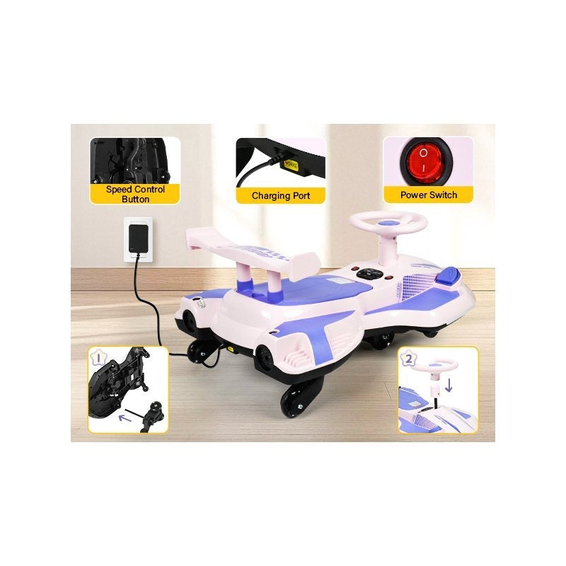 Riding twist car, children's electric twist car, 360° rotating swing car riding toy, with spray function, music suitable for 3 years old and above-lingkun