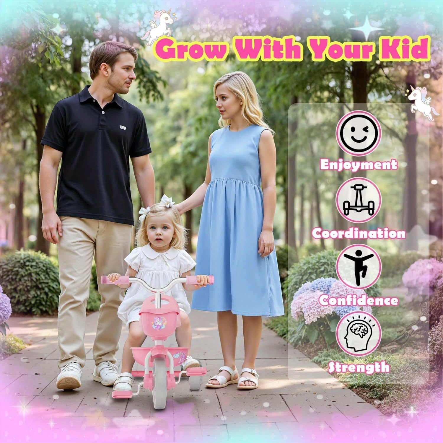 Tricycle for Toddlers 1-3 3-5 Year Olds, Unicorn Toddler Bike Baby Balance Bike with Colorful Lighting Wheels & Large Basket, Birthday Gift and Toy for 1 2 3 4 5 Year Olds Boys and Girls