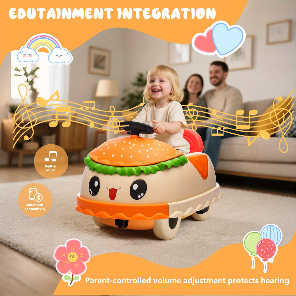 12V Kids Ride On Electric Bumper Car W\u002FParents Control, Cute&Realistic Hamburger Design, 360 Degree Rotation, Storing Space, wireless, Music, USB, Silent wheel, LED Lights, Power Display, Anti-rollover for 2-5