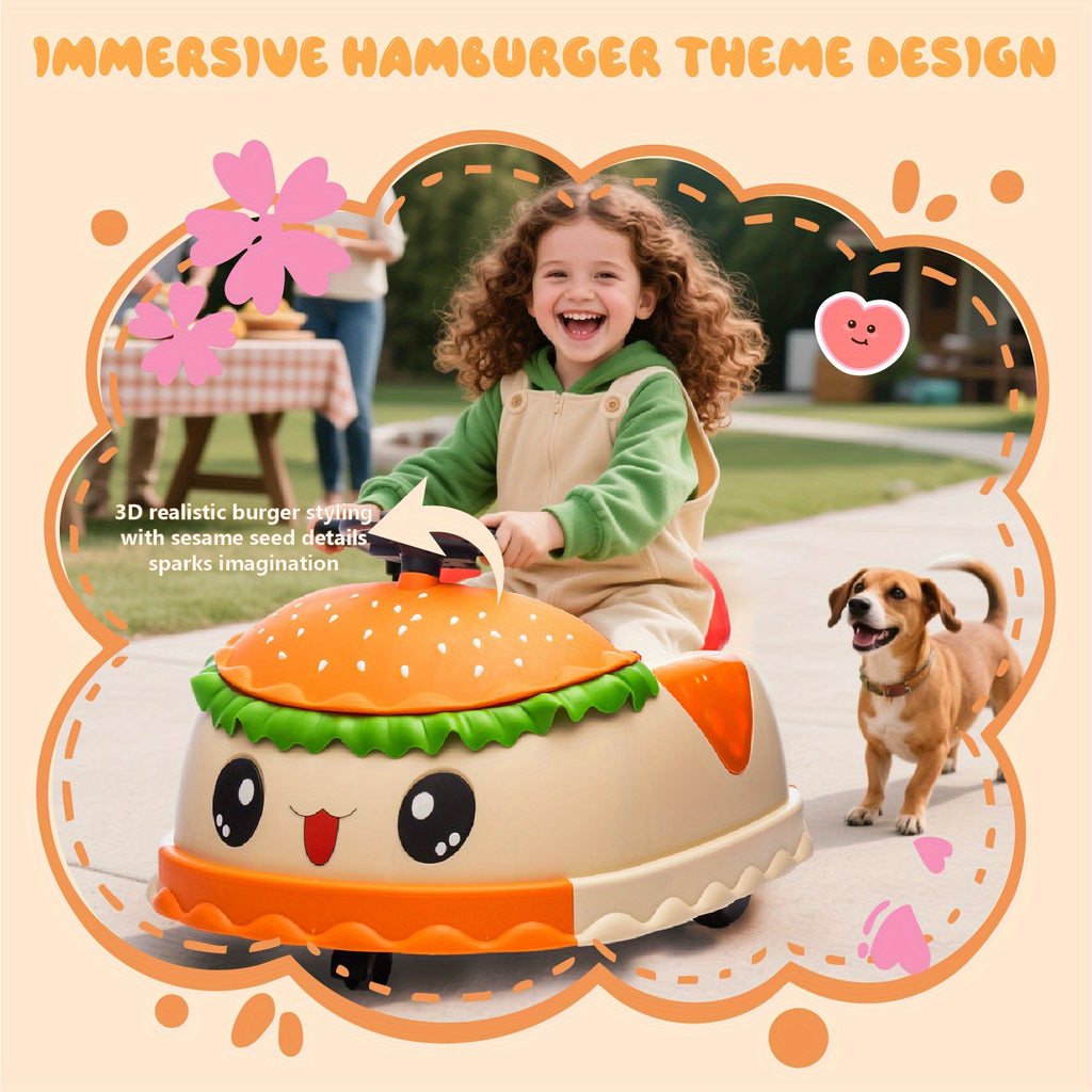 12V Kids Ride On Electric Bumper Car W\u002FParents Control, Cute&Realistic Hamburger Design, 360 Degree Rotation, Storing Space, wireless, Music, USB, Silent wheel, LED Lights, Power Display, Anti-rollover for 2-5