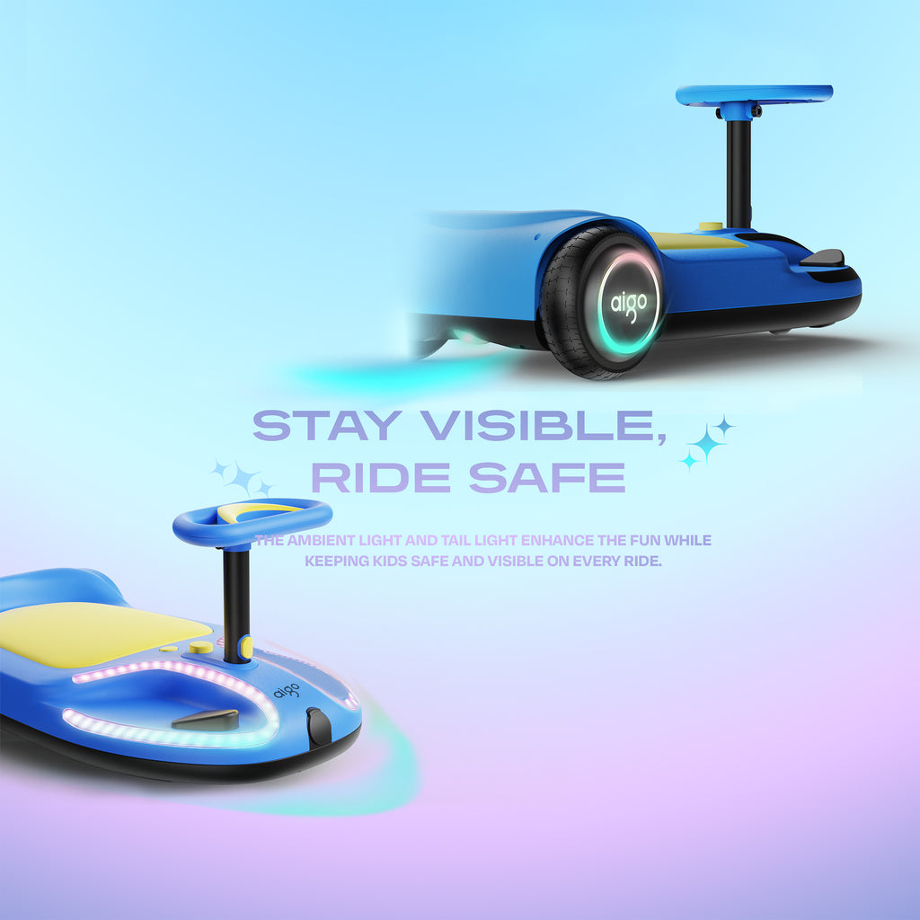 aigo HappyRoll E7 Joyride Electric children's go-kart, features a powerful built-in wireless speaker,Max power 100w, 5Mph, Range at Max Speed 5 Miles, Multifunction Steering Wheel,Ambient & Tail Lights,Ages 3 and up,Load capacity 110 lbs