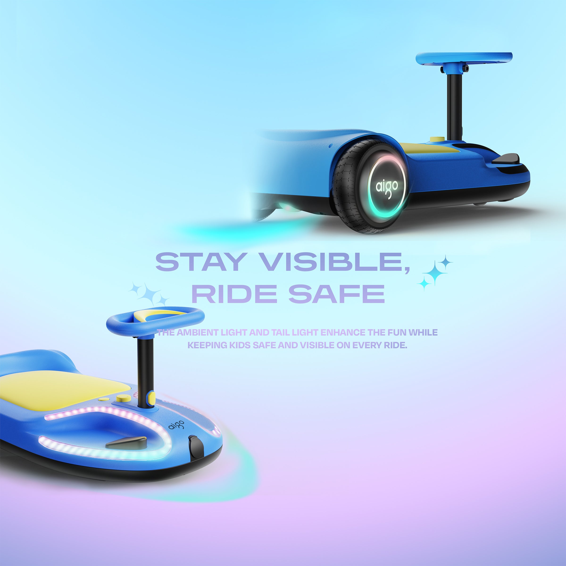 aigo HappyRoll E7 Joyride Electric children's go-kart, features a powerful built-in wireless speaker,Max power 100w, 5Mph, Range at Max Speed 5 Miles, Multifunction Steering Wheel,Ambient & Tail Lights,Ages 3 and up,Load capacity 110 lbs