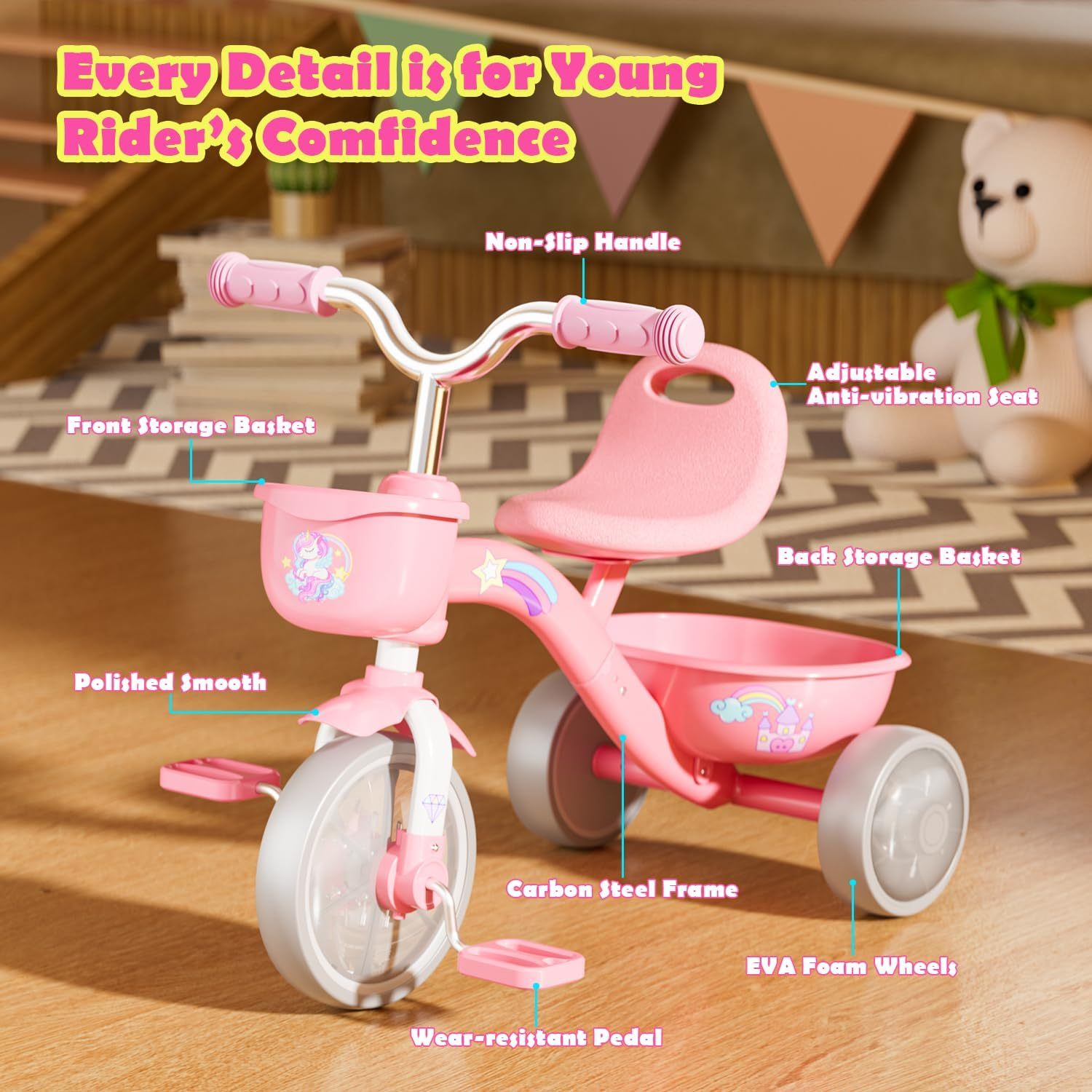 Tricycle for Toddlers 1-3 3-5 Year Olds, Unicorn Toddler Bike Baby Balance Bike with Colorful Lighting Wheels & Large Basket, Birthday Gift and Toy for 1 2 3 4 5 Year Olds Boys and Girls
