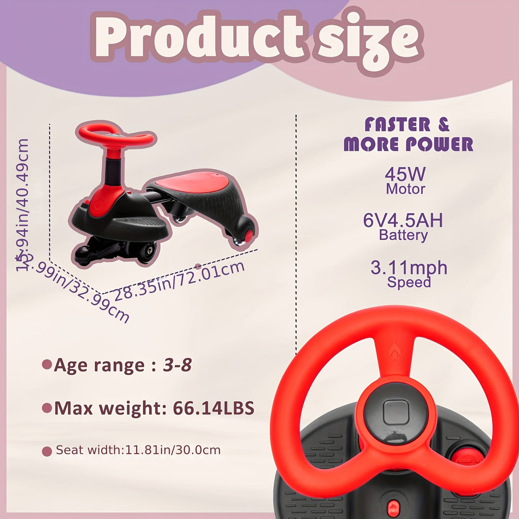 6V Electric Wiggle Car with Pedal, Flashing Shock-Absorbing PU Wheels, 2-Speed Ride-On Toy, Anti-Rollover, USB Charging - Red & Black, Ideal for Youngsters Ages 3+, Car Toys for Travel for Youngsters