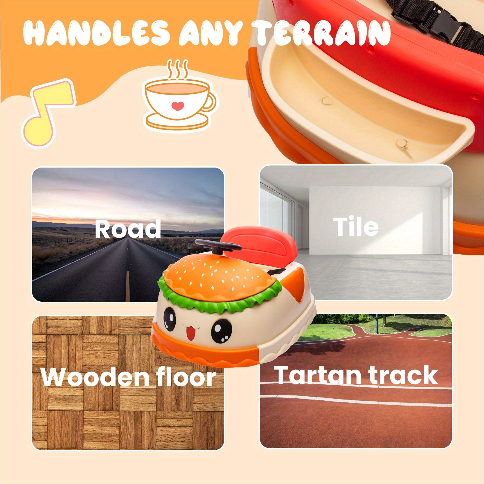 12V Kids Ride On Electric Bumper Car W\u002FParents Control, Cute&Realistic Hamburger Design, 360 Degree Rotation, Storing Space, wireless, Music, USB, Silent wheel, LED Lights, Power Display, Anti-rollover for 2-5