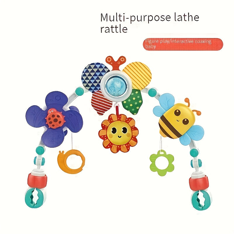 Multifunctional Baby Stroller Pendant Toy with Rotating Bells, Colorful Flowers & Bees - Interactive Sensory Hanging Toy for Car Seat, Bed, Stroller - Soothing Blue\u002FYellow Baby Hanging Toy for Infants & Toddlers